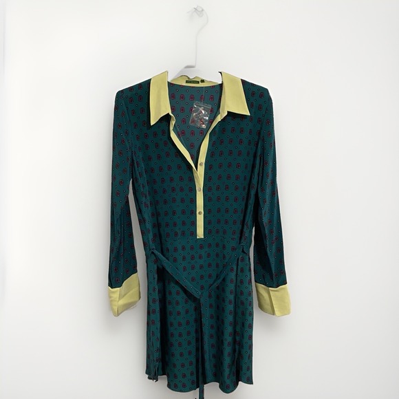 The Unbranded Brand Dresses & Skirts - {tl} The letter 100% Silk Shirt Dress Teal Green Yellow Geometric Print Size L